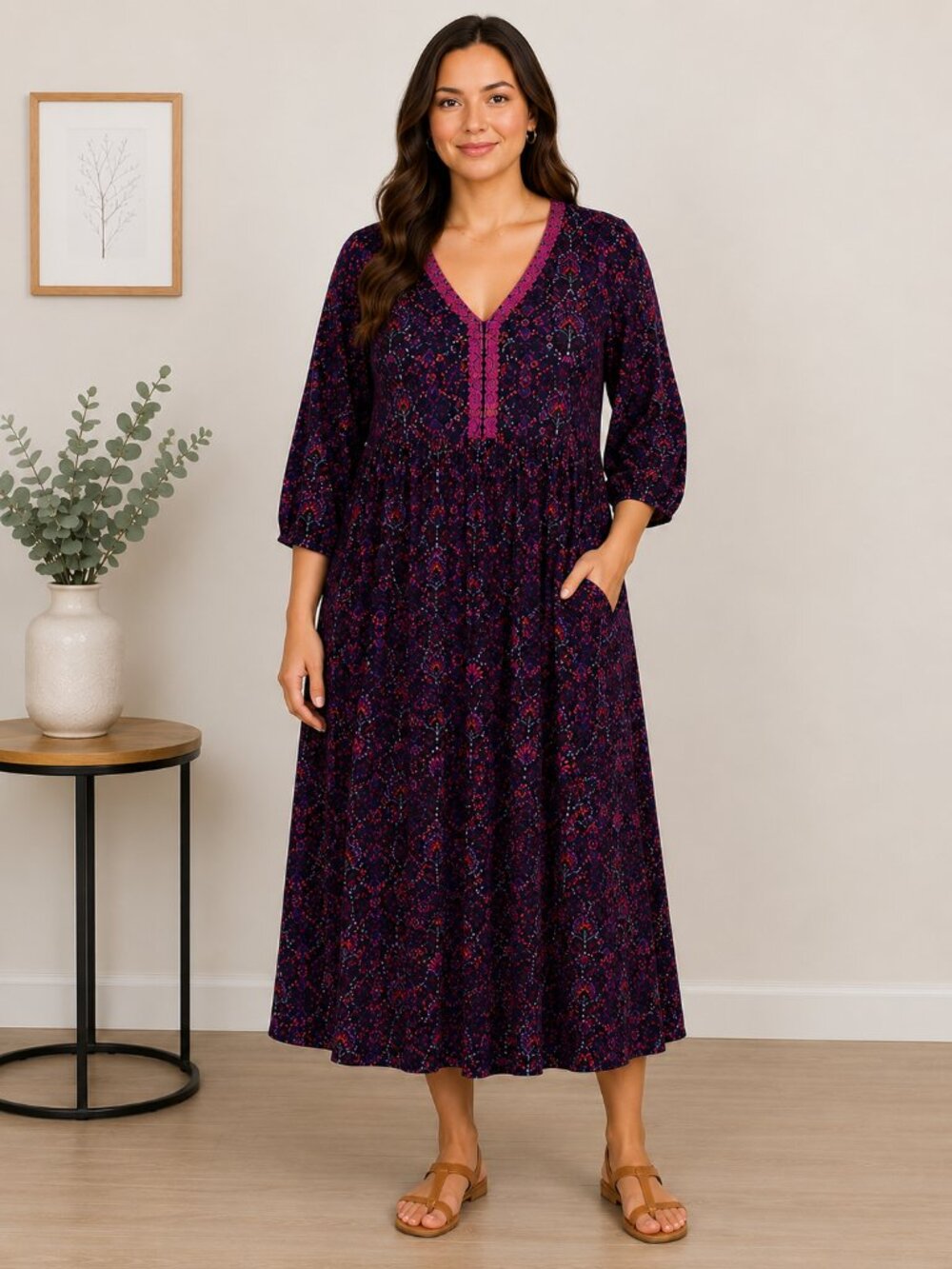 J. Jill Purple Floral Midi Dress with Pink V- Neck Embroidered Trim 2X EC